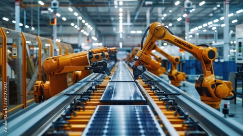 Large-scale production with industrial robot arms at factories, solar panels being assembled on conveyor belts