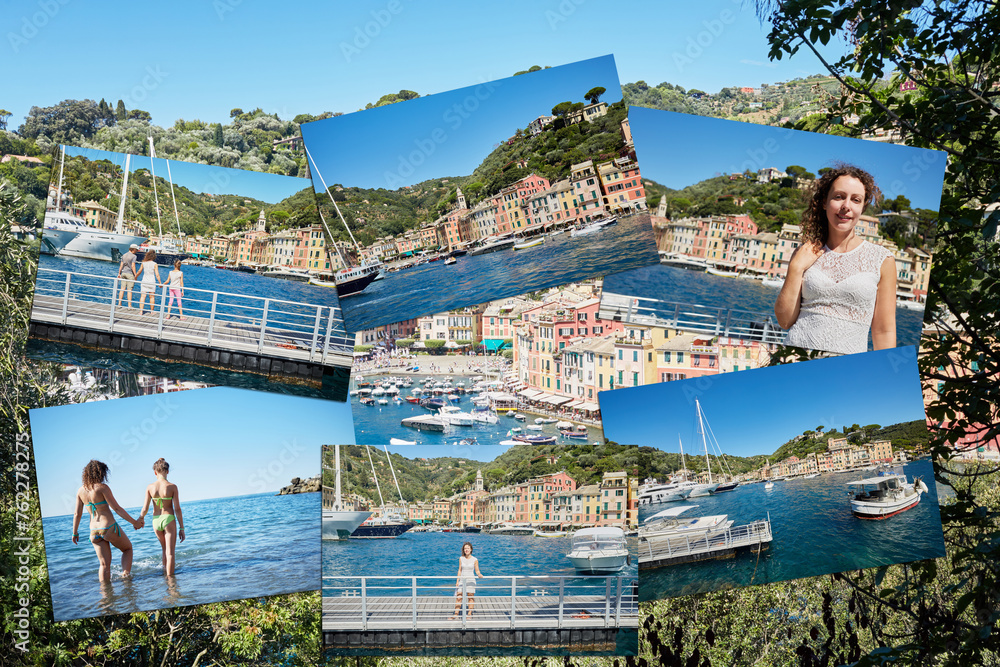 Family vacation in Portofino, mother and two children, collage.