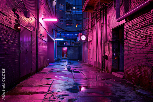 A back alley with neon light at night photo