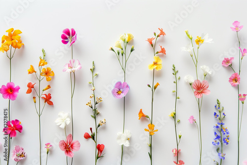 Colorful and beautiful flowers isolated in minimalist copy space white background, abstract flowers wallpaper concept, Beautiful flowers with empty space for text, top view of colorful spring flowers © Ishra