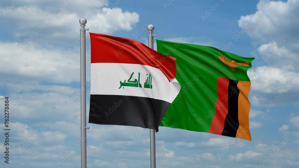 Zambia and Iraq two flags waving together, looped video, two country cooperation concept Zambia and Iraq two flags waving together, looped video, two country cooperation concept