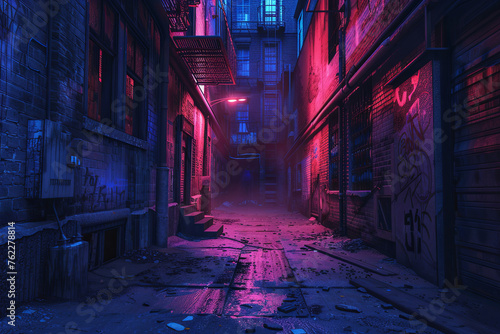 A back alley with neon light at night