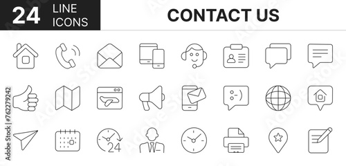 Collection of 24 contact us line icons featuring editable strokes. These outline icons depict various modes of contact us. account, social, service, clock, online, 