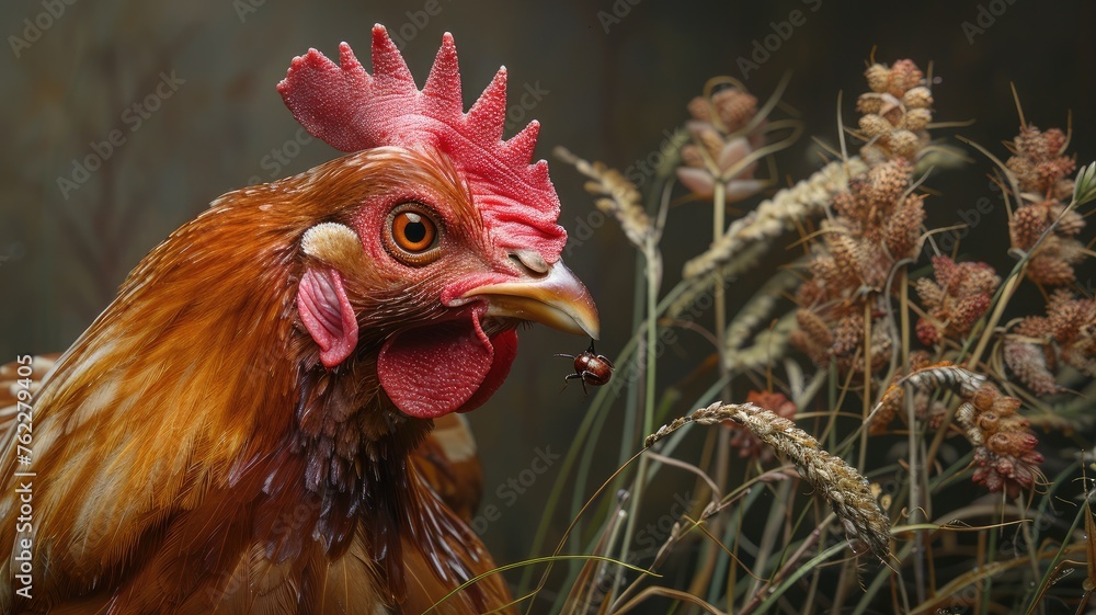 a hen's natural behavior, as it pecks at insects in the lush grass, exhibiting intricate details and vivid realism reminiscent of advanced DSLR photography.