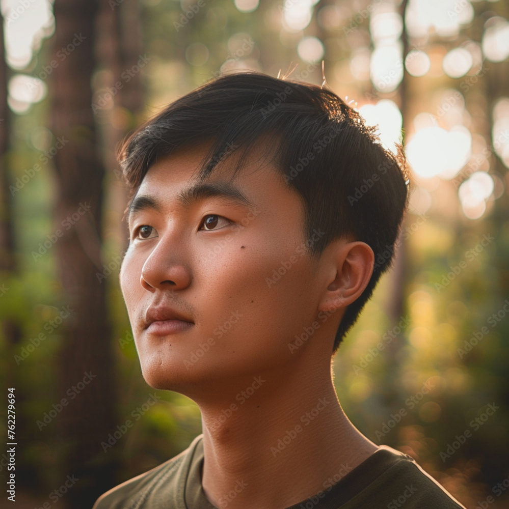 a young asian man, calm face, close-up of head, left view, In the background, a forest can be seen, bright light, no shadow a young asian man, calm face, close-up of head, left view, In the background, a forest can be seen, bright light, no shadow