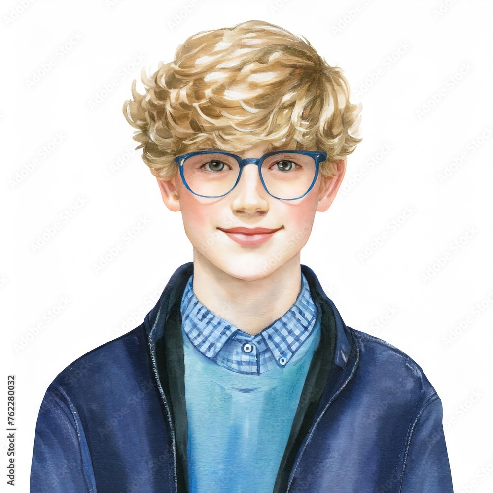 Portrait of a Smiling Boy with Glasses and Curly Hair