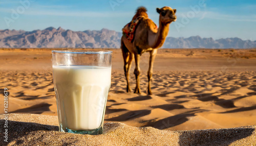 Glass of  Camel Milk on sand, Camel in Desert on background, Arid Wilderness, Livestock and camel milk 