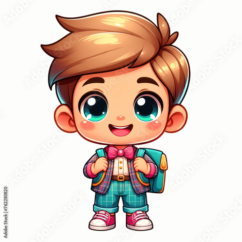 A cartoon boy is smiling and holding a backpack