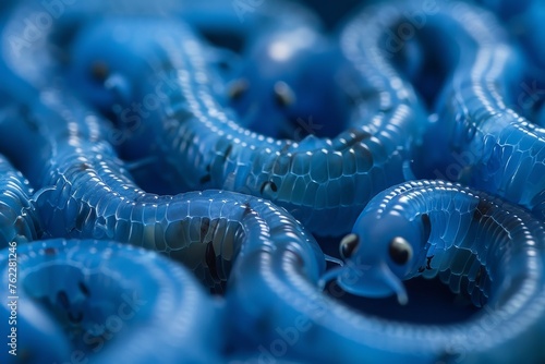 A close-up where superworms navigate mazes of blue polypropylene photo