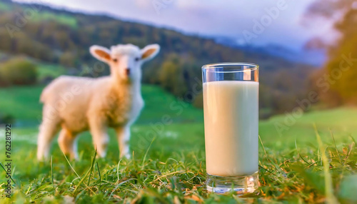 Glass of Milk on Meadow with Sheeps in Background. Rural Pastoral Scene. Sheep milk and farming concept