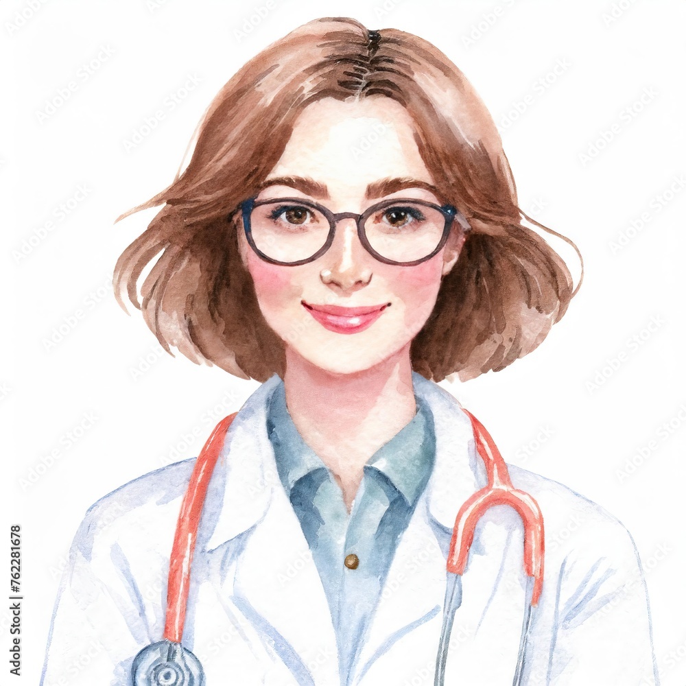 Fototapeta premium Watercolor Illustration of Female Doctor with Stethoscope