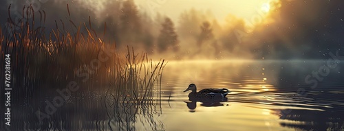 a misty morning sunrise, showcasing a duck leisurely swimming among reeds on a pond in a close-up shot, with the soft glow of the sun casting warm hues and a hazy shoreline in the backdrop. photo