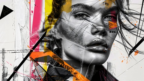 Monochromatic and Vivid Geometry: Artistic Collage with Human Touch, Beauytiful Woman Face photo