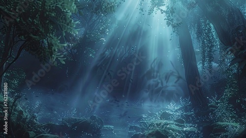 "Enchanted blue forest scenery with rays of light filtering through trees. Magical and mystical nature background for fantasy design and poster."