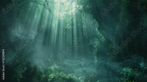 "Mystical green forest with sun rays and fog. Fantasy woodland background for storytelling and environmental concept. Design for book cover, wallpaper." © LOMOSONIC