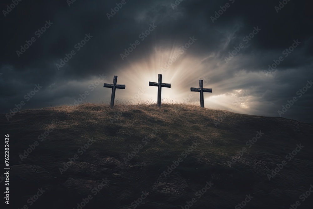 three cross on the hill in dark cloudy with light from above. can be use for Easter or Christian background, copy space - generative ai - obrazy, fototapety, plakaty 