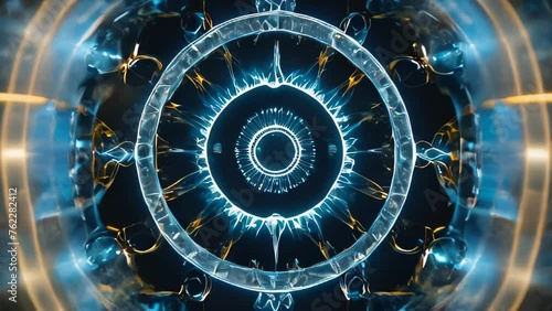 In the heart of a virtual future city, a glowing bluish-white spiral structure dominates.