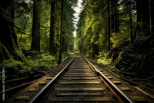 Tranquil Railroad forest train sunset. Scenery aerial. Generate Ai