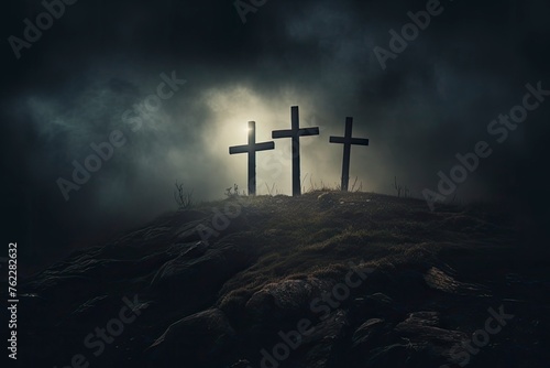 three cross on the hill in dark cloudy with light from above. can be use for Easter or Christian background, copy space - generative ai photo