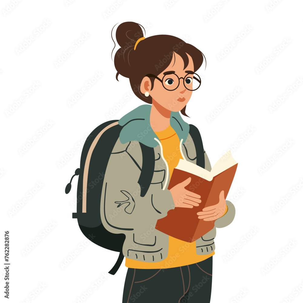 Young college or university student with backpack and book in hand. studying or preparing for exams, analysing study materials. Poster showing female student education, studying, back to school. Young college or university student with backpack and book in hand. studying or preparing for exams, analysing study materials. Poster showing female student education, studying, back to school.