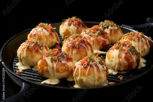 Takoyaki is a ball-shaped Japanese snack made of a wheat flour-based batter. It is filled with minced or diced octopus tako, tempura scraps tenkasu, pickled ginger beni shoga, and green onion negi. photo