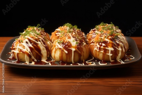 Takoyaki is a ball-shaped Japanese snack made of a wheat flour-based batter. It is filled with minced or diced octopus tako, tempura scraps tenkasu, pickled ginger beni shoga, and green onion negi. photo
