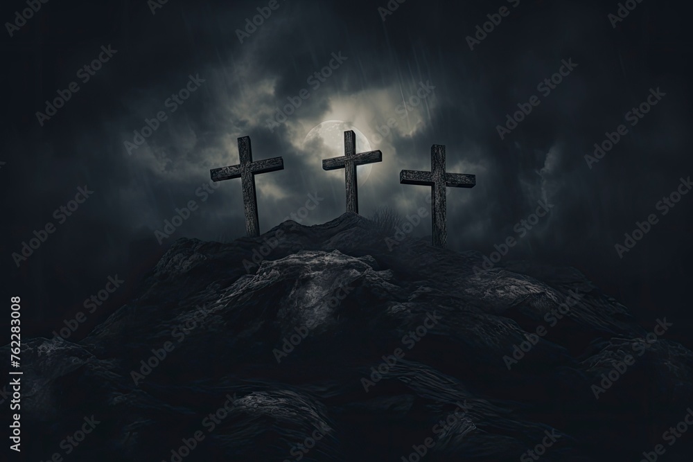 three cross on the hill in dark cloudy with light from above. can be use for Easter or Christian background, copy space - generative ai - obrazy, fototapety, plakaty 
