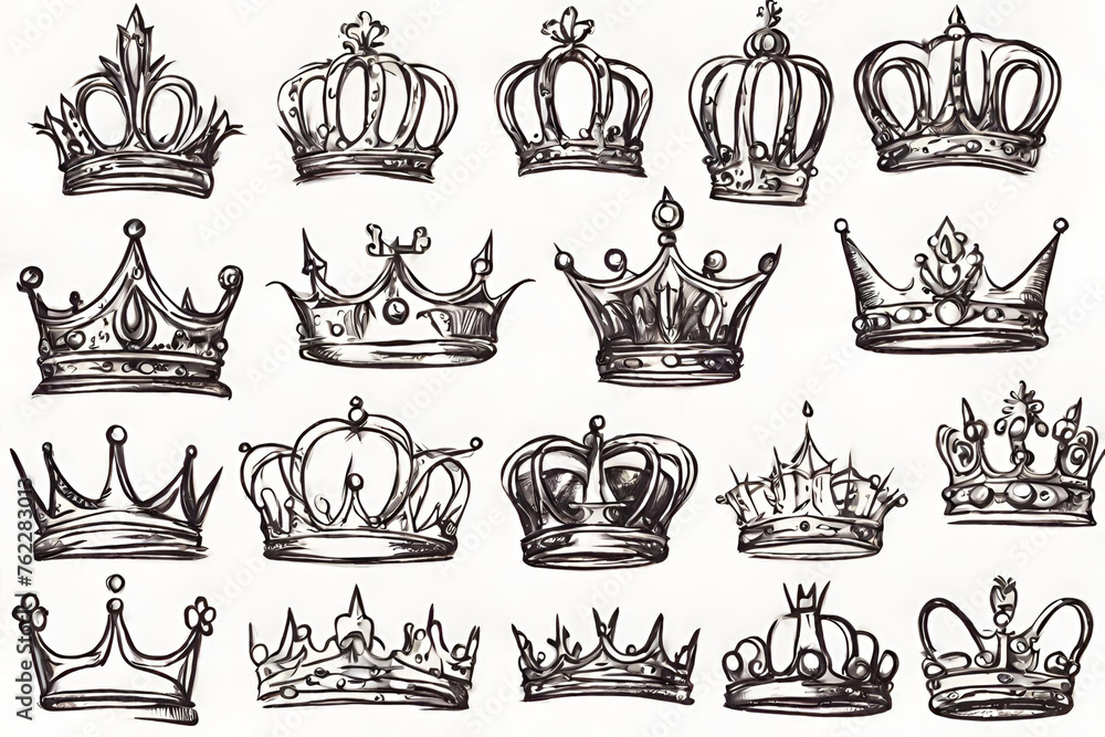 Sketch crown. Simple graffiti crowning elegant queen or king crowns hand drawn. Royal imperial coronation symbols monarch majestic jewel tiara - obrazy, fototapety, plakaty 