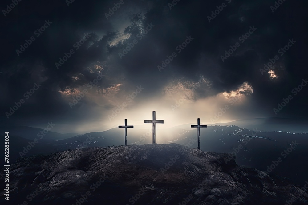 three cross on the hill in dark cloudy with light from above. can be use for Easter or Christian background, copy space - generative ai three cross on the hill in dark cloudy with light from above. can be use for Easter or Christian background, copy space - generative ai