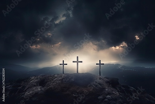 three cross on the hill in dark cloudy with light from above. can be use for Easter or Christian background, copy space - generative ai