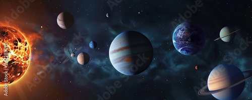 Group of planets and moons in alien solar system on outer space background