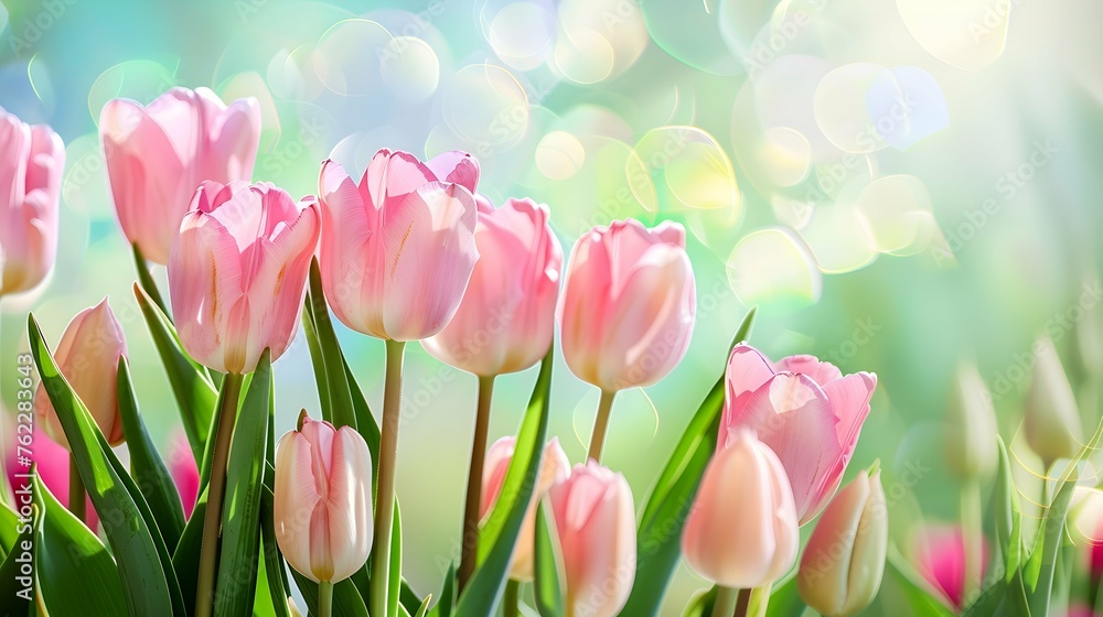 Blooming pink tulips flowerbed on background. Spring holidays concept