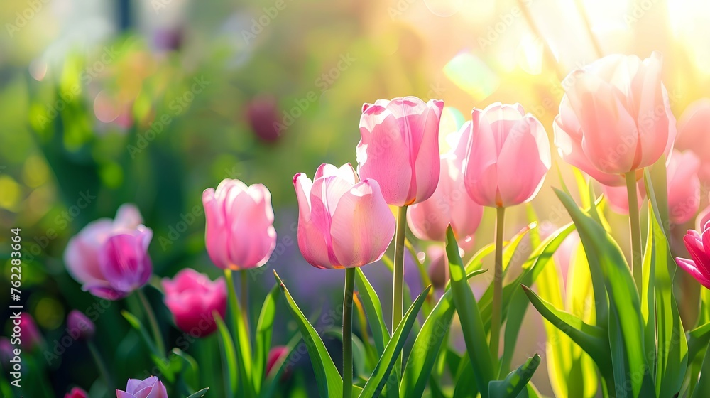 Fototapeta premium Blooming pink tulips flowerbed on background. Spring holidays concept