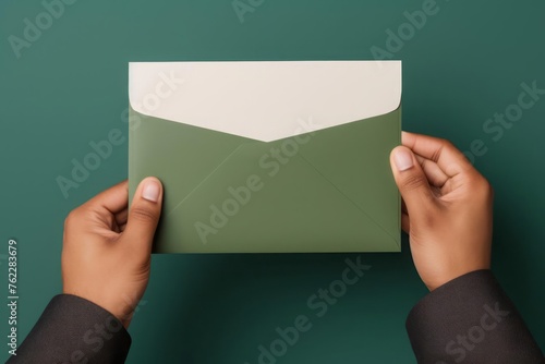 The man is holding an envelope mockup in his hands. Beautiful business layout.