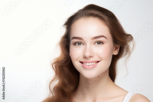 Portrait of a happy woman who has undergone blepharoplasty isolated on white background photo