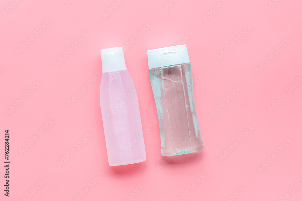 facial tonic and lotion for face care on pink background top view mockup facial tonic and lotion for face care on pink background top view mockup