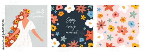 Floral postcards with a motivating inscription, a pattern, a beautiful girl with flowers in her hair