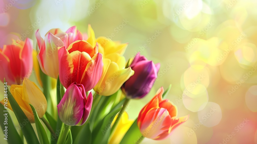 Bouquet of multicolored tulips on a beautiful blurred background, copy space.