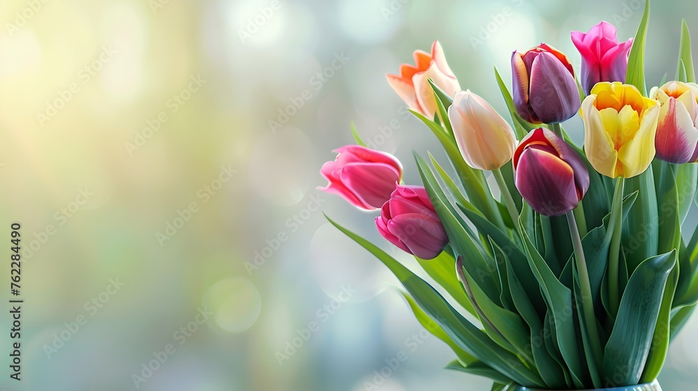 Bouquet of multicolored tulips on a beautiful blurred background, copy space. Bouquet of multicolored tulips on a beautiful blurred background, copy space.