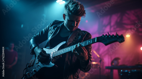 Young musician playing guitar during rock concert, generative AI