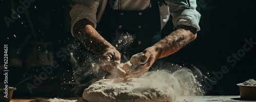 Chef's hands are making dough with white flour on black background. Concept of chef is preparing yeast dough for pasta pizza