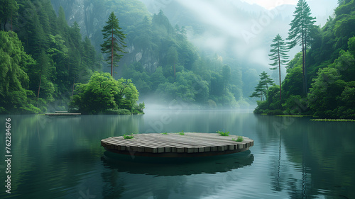 A small island in a lake with trees in the background