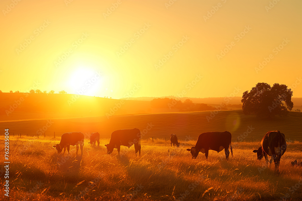 The tranquil beauty of cows grazing in a field as the sun sets, casting a golden glow over the peaceful scene. The tranquil beauty of cows grazing in a field as the sun sets, casting a golden glow over the peaceful scene.