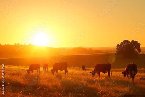 The tranquil beauty of cows grazing in a field as the sun sets, casting a golden glow over the peaceful scene. © mohdfaizal