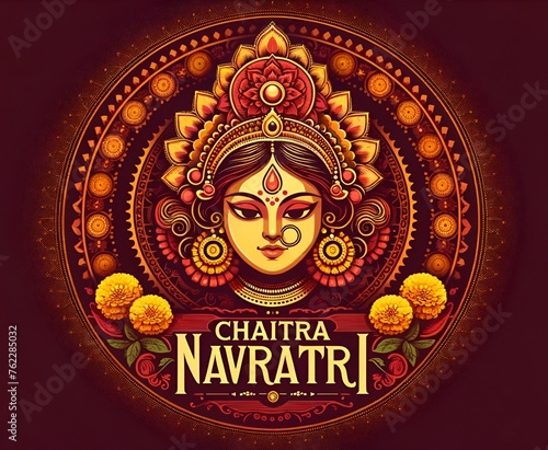 Illustration of chaitra navratri poster with goddess durga portrait.