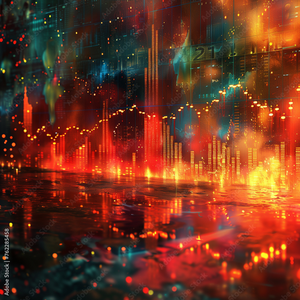 Fototapeta premium A colorful cityscape with buildings and lights, with the numbers 2