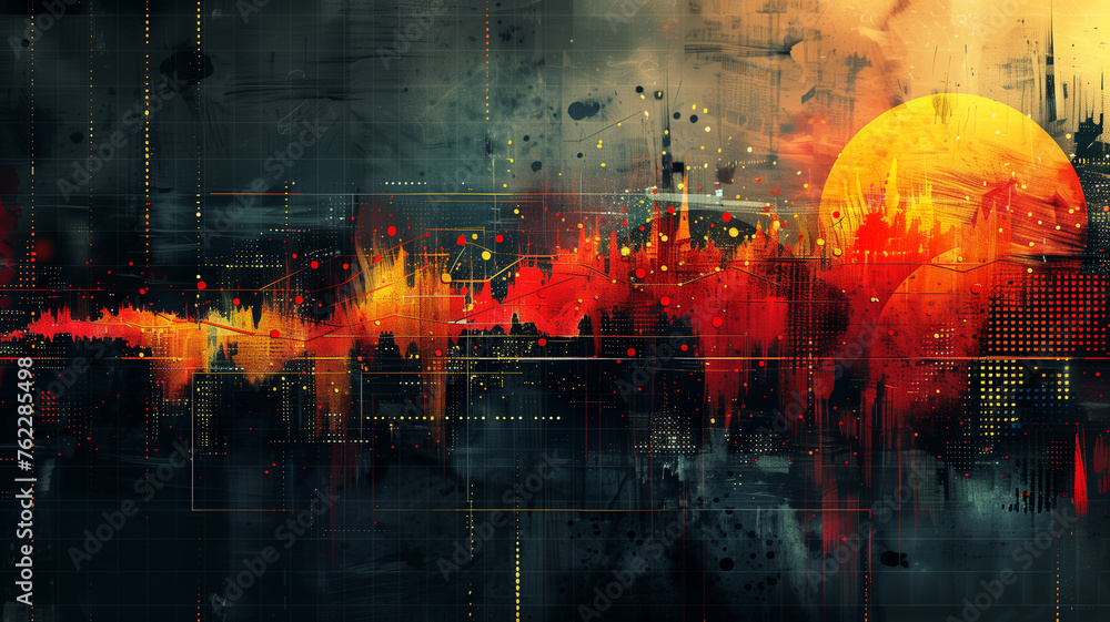 Fototapeta premium A painting of a city skyline with a red sun in the background