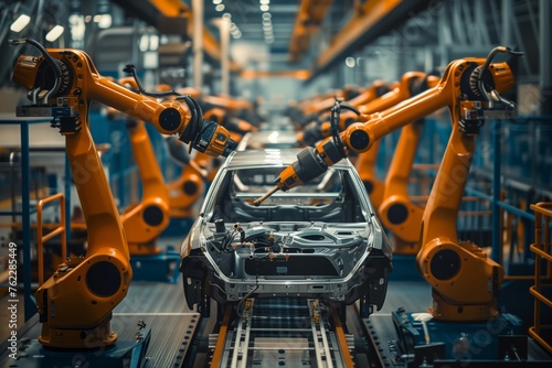 A motor vehicle is being assembled in an industry using machines and robots. The steel casing pipe, metal, and auto parts are put together for mass production photo