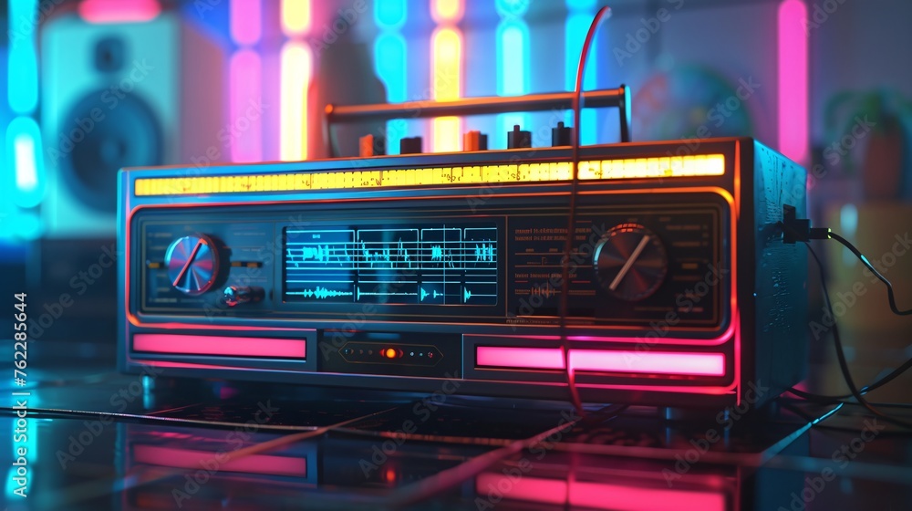 Vintage Tunes: Old-School Radio in a Neon-Lit Room