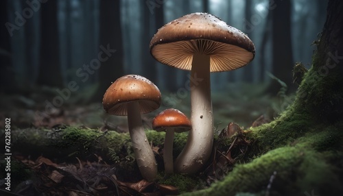 Magical mushrooms in a dark mystery forest © itnozirmia